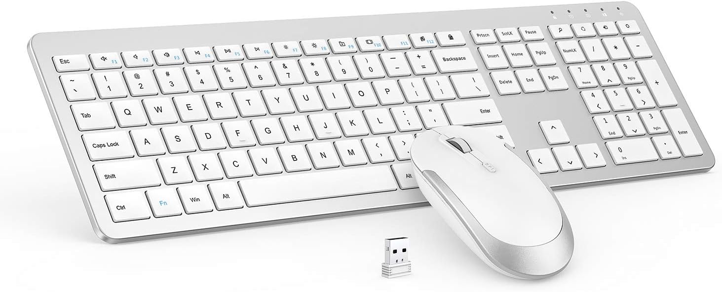 Wireless Keyboard and Mouse Combo - Full Size Slim Thin Wireless Keyboard Mouse with Numeric Keypad 2.4G Stable Connection Adjustable DPI (White & Silver)